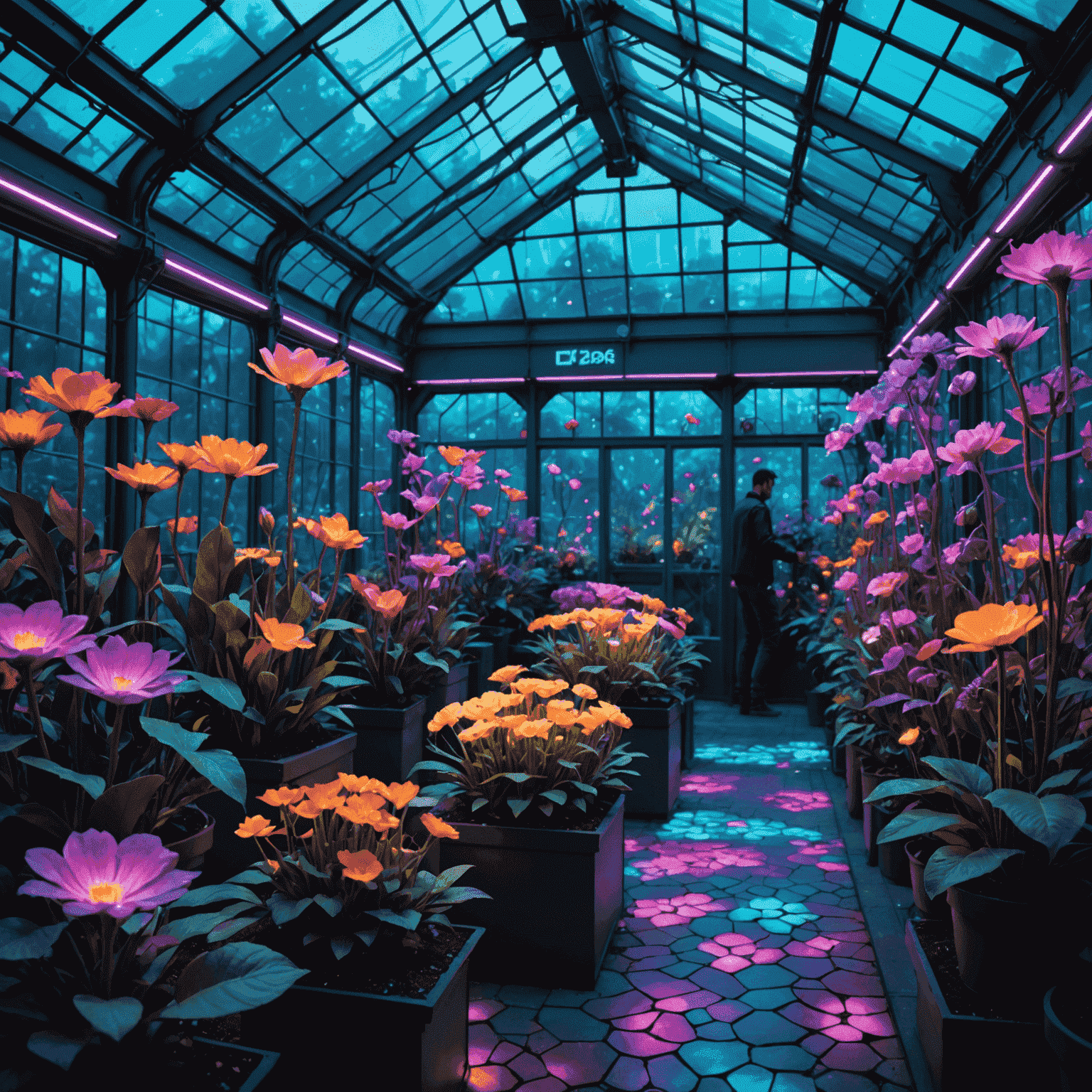 A futuristic greenhouse filled with glowing, color-changing flowers. Holographic displays show detailed information about each plant, while robotic arms tend to the flowers. The entire scene is bathed in a soft, neon blue light, creating a mesmerizing and otherworldly atmosphere.