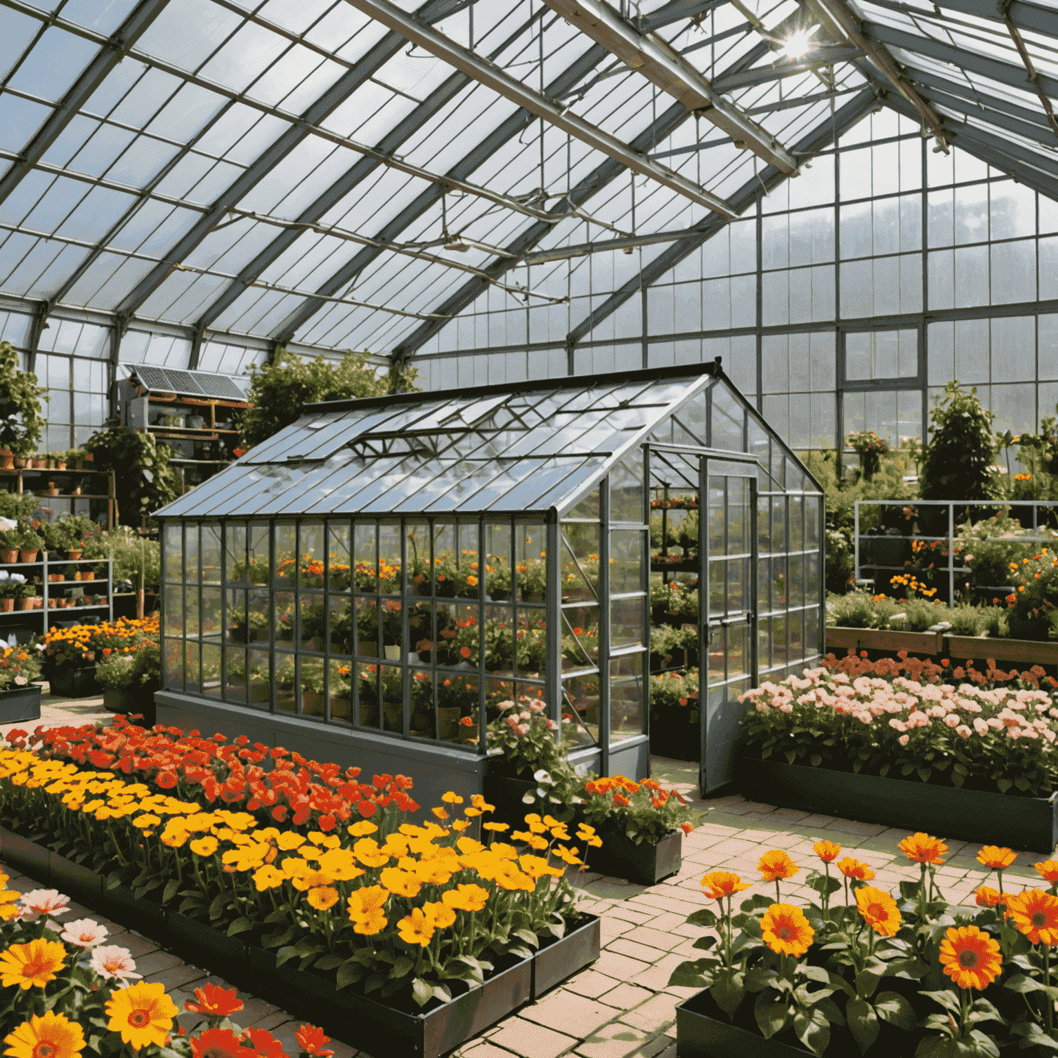 A vibrant greenhouse filled with colorful flowers, solar panels visible on the roof, and workers using eco-friendly equipment