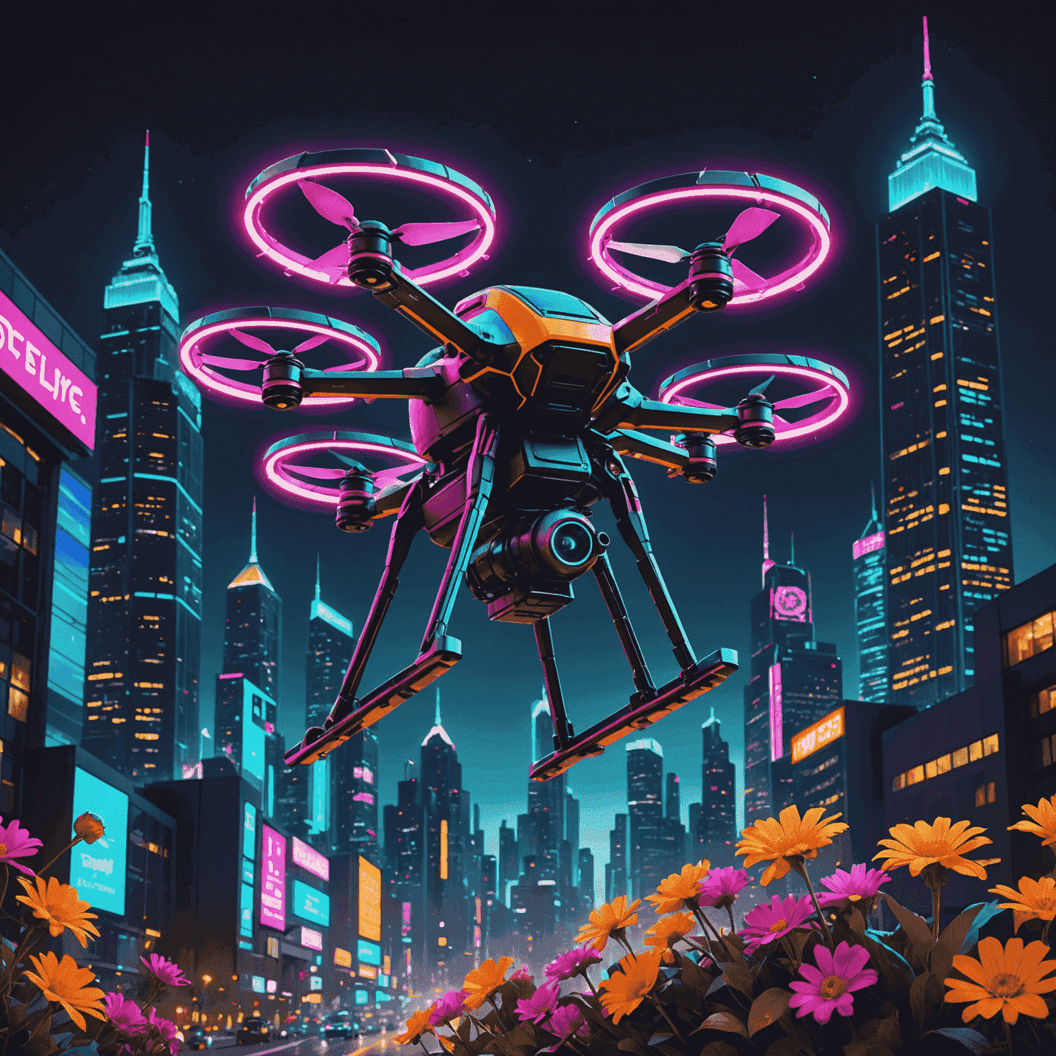 A futuristic drone delivering a bouquet of vibrant neon-colored flowers against a night cityscape