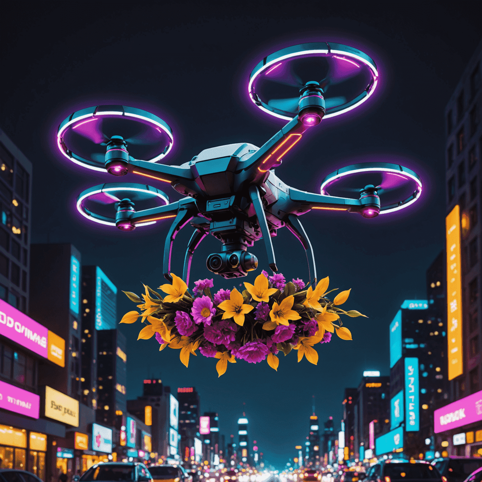 A sleek, neon-lit drone carrying a bouquet of vibrant flowers against a night cityscape, showcasing futuristic flower delivery methods