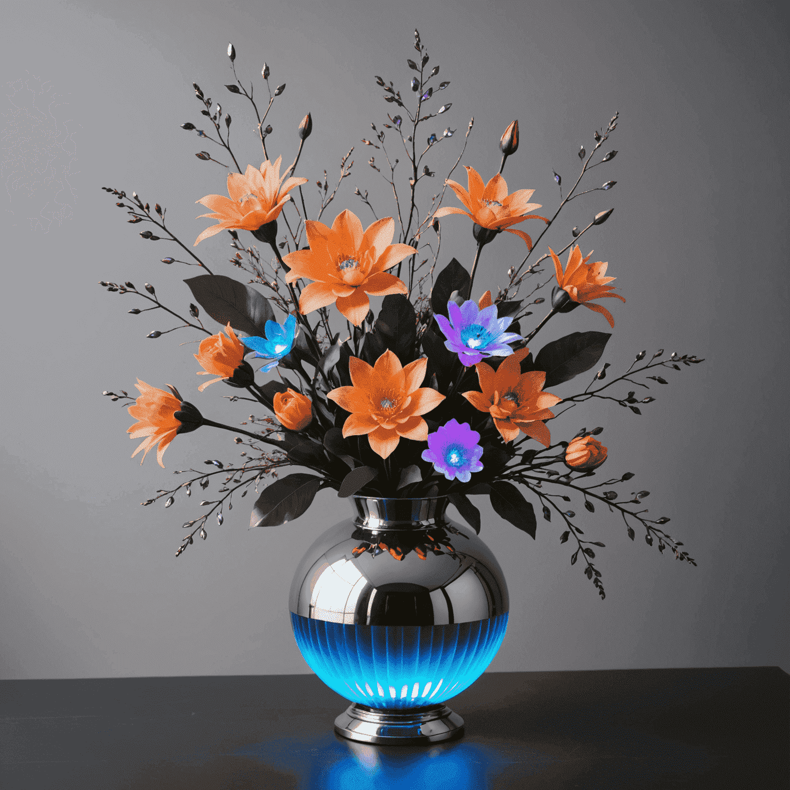 A futuristic bouquet featuring neon-lit flowers, holographic leaves, and levitating petals arranged in a sleek, metallic vase