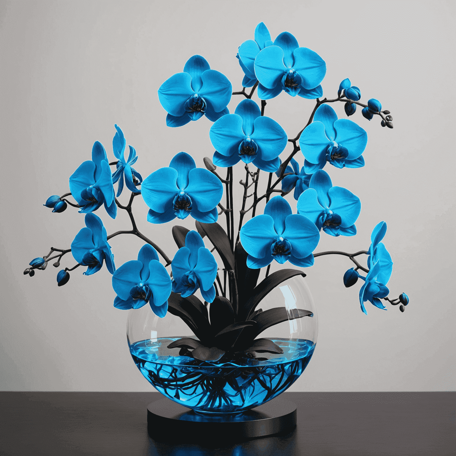 A futuristic flower arrangement featuring neon blue orchids and bioluminescent roses, floating in a transparent anti-gravity vase