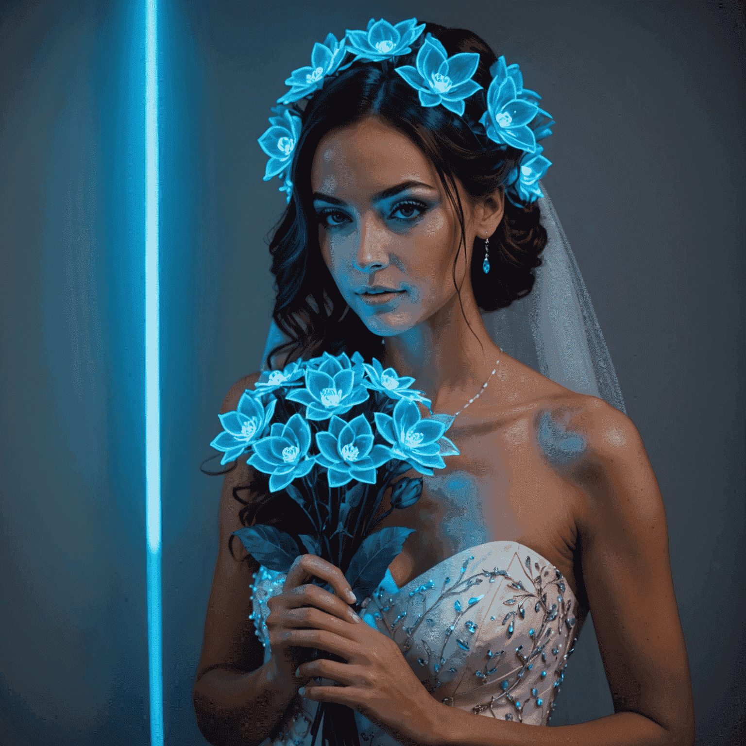 A futuristic bridal bouquet with glowing neon blue flowers, incorporating holographic elements and LED lights