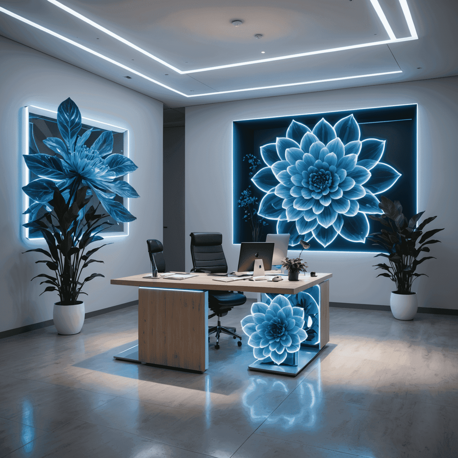 Futuristic office space with glowing blue flower arrangements integrated into sleek, minimalist furniture. Holographic displays show changing floral patterns.