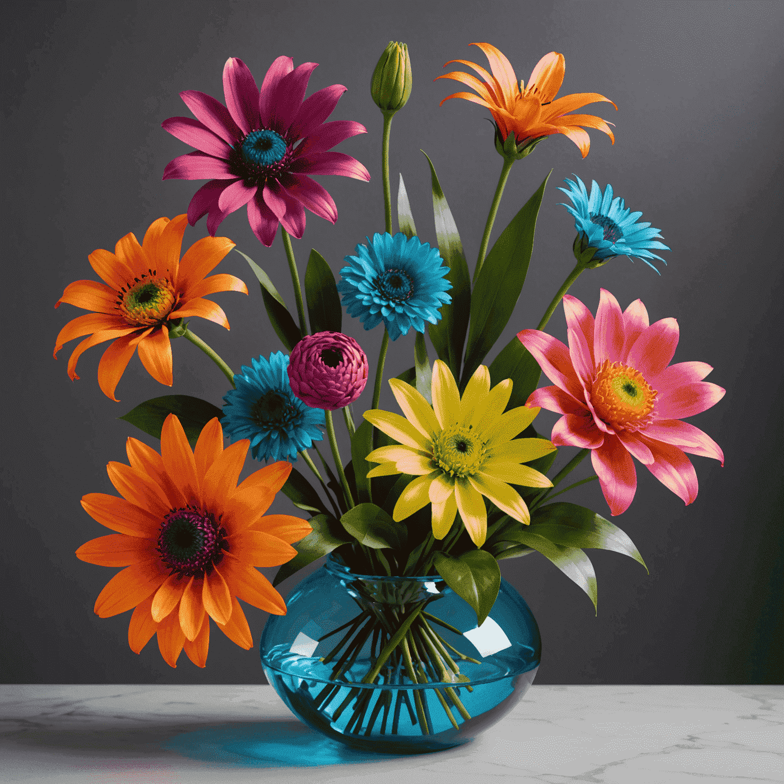 Various futuristic flower arrangements showcasing vibrant neon colors and unique shapes, representing the upcoming floral trends for 2024