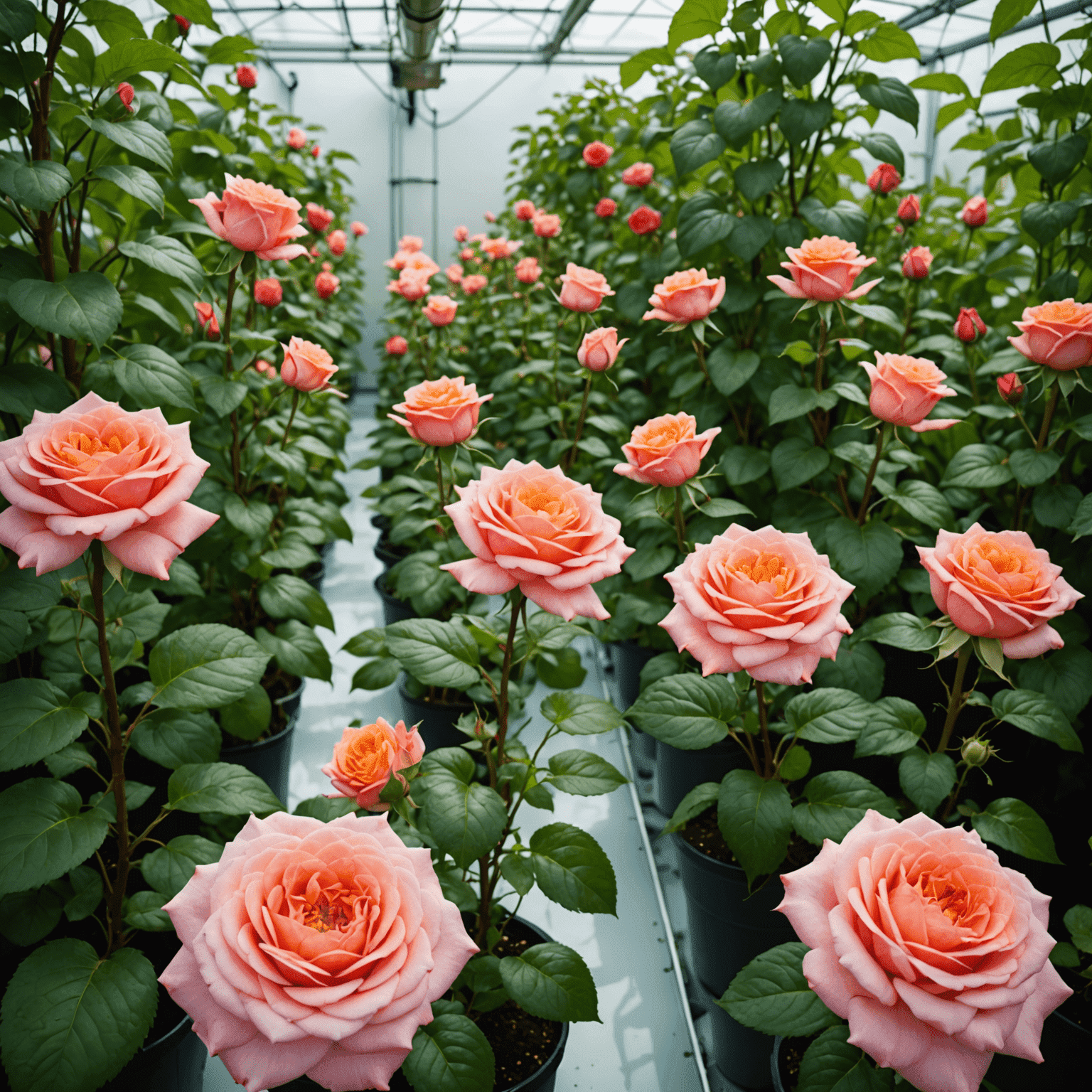 Close-up of a hydroponic flower cultivation system with vibrant roses growing in nutrient-rich water