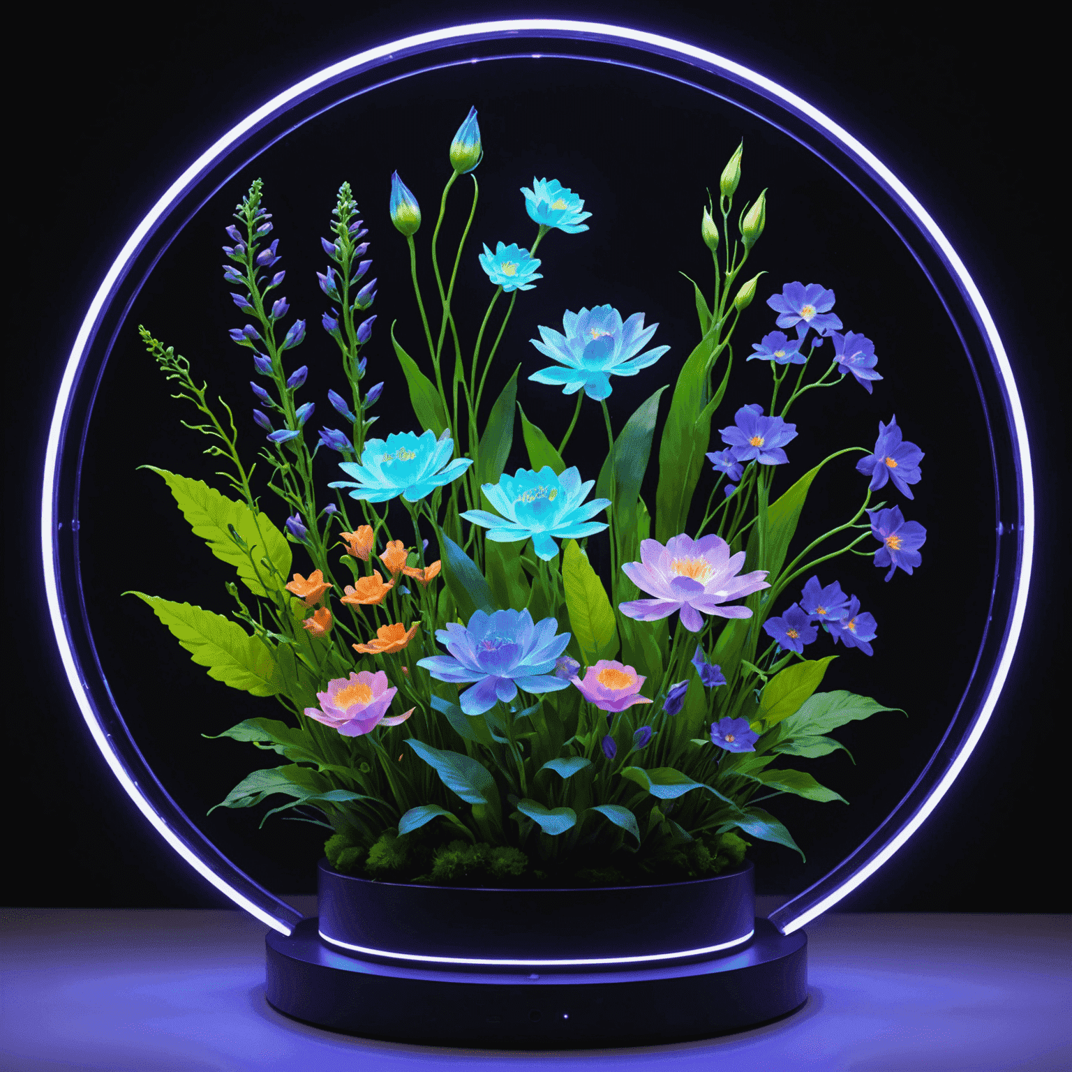 Holographic display showcasing various futuristic floral arrangements with glowing, bioluminescent flowers
