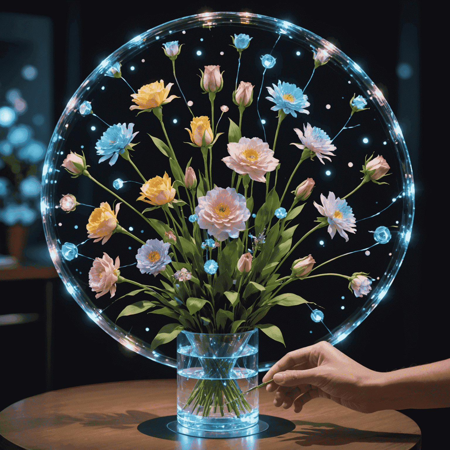A person using a holographic interface to select and customize a bouquet, with 3D flower projections floating in the air