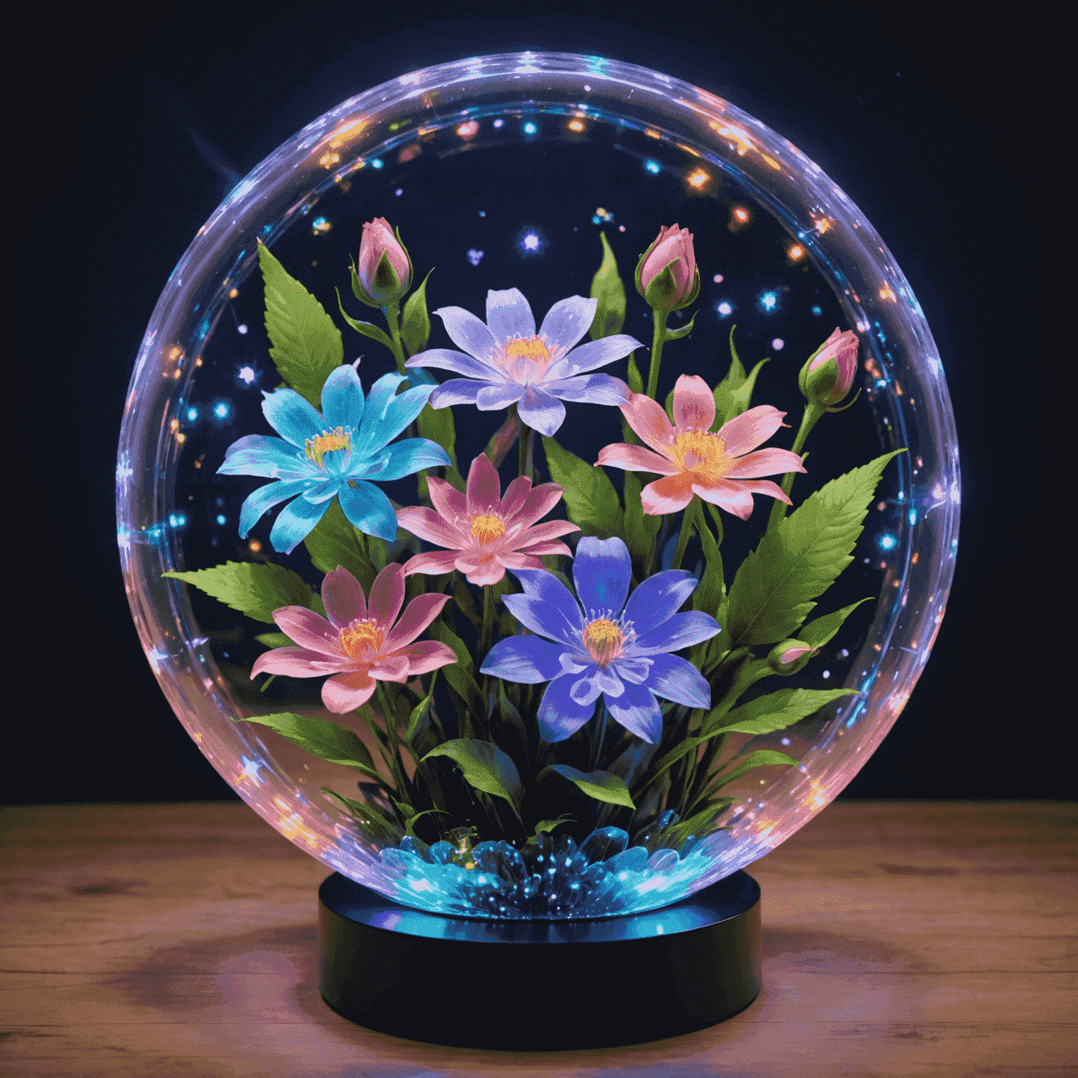 A stunning holographic centerpiece with shape-shifting flowers that change color and form, surrounded by a mist of glowing particles
