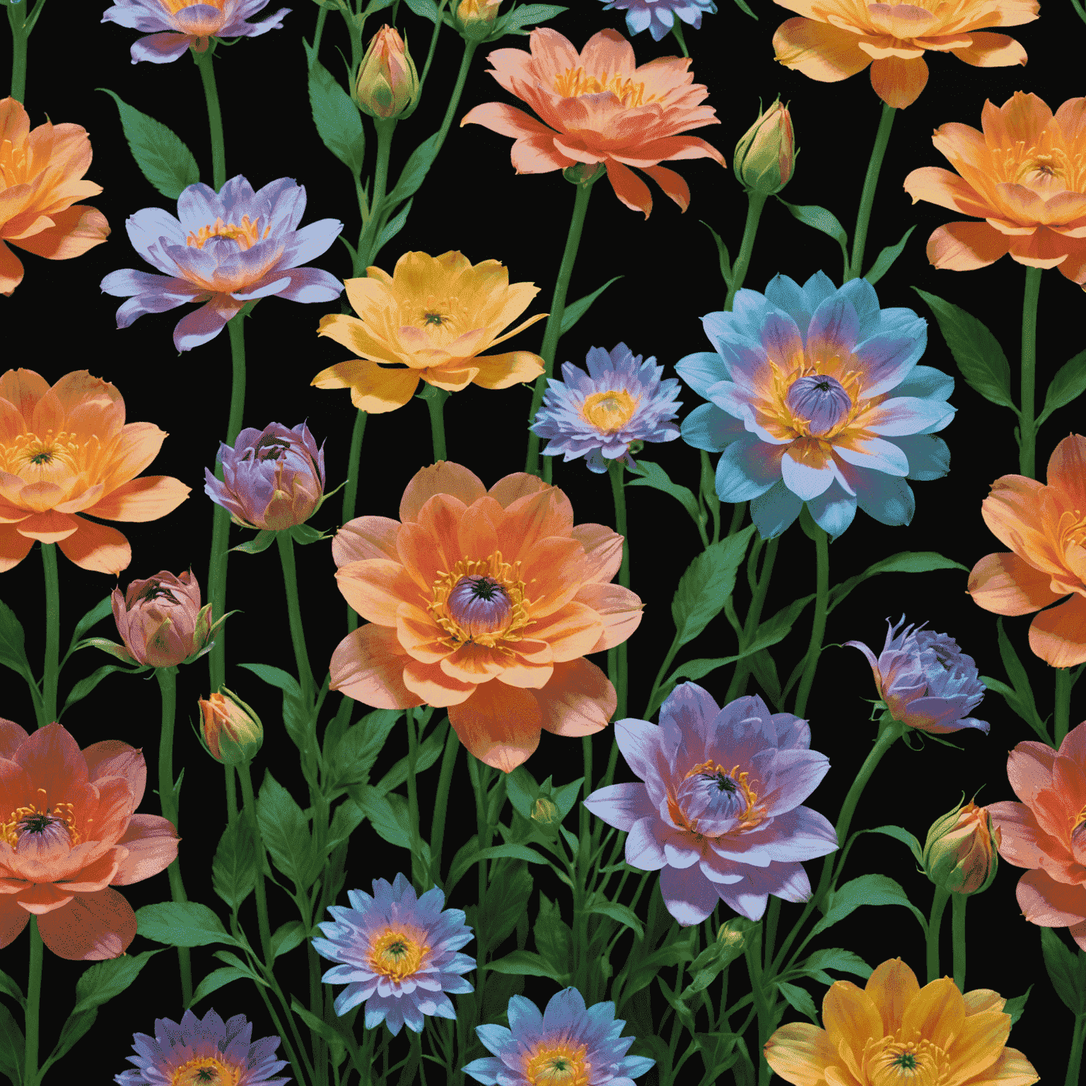 A stunning holographic display of flowers, showing various stages of bloom and color changes in a time-lapse effect