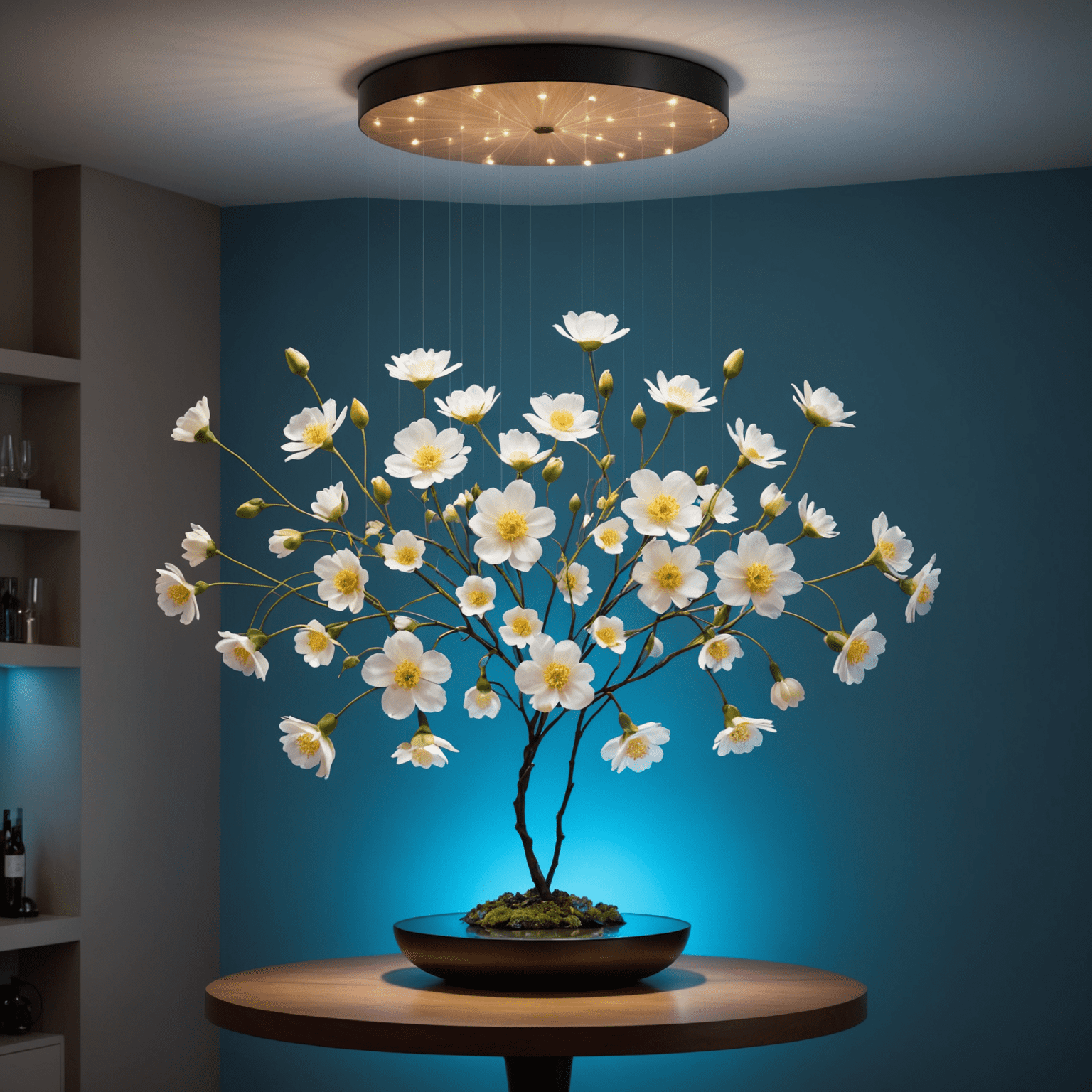 A high-tech centerpiece with floating flowers suspended by invisible wires, illuminated by soft blue lights