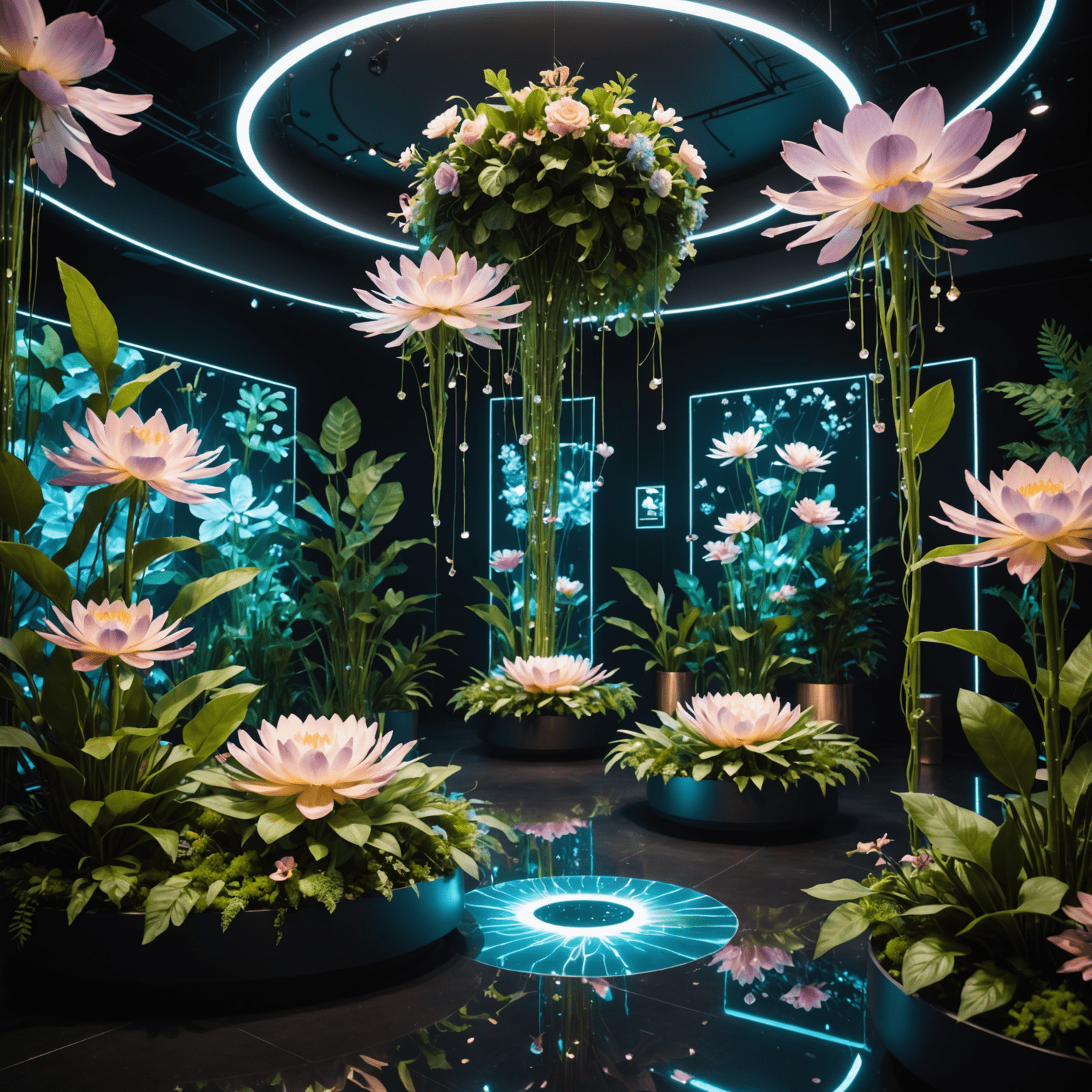 High-tech event space with floating flower arrangements, laser light shows interacting with plants, and guests interacting with holographic floral interfaces.
