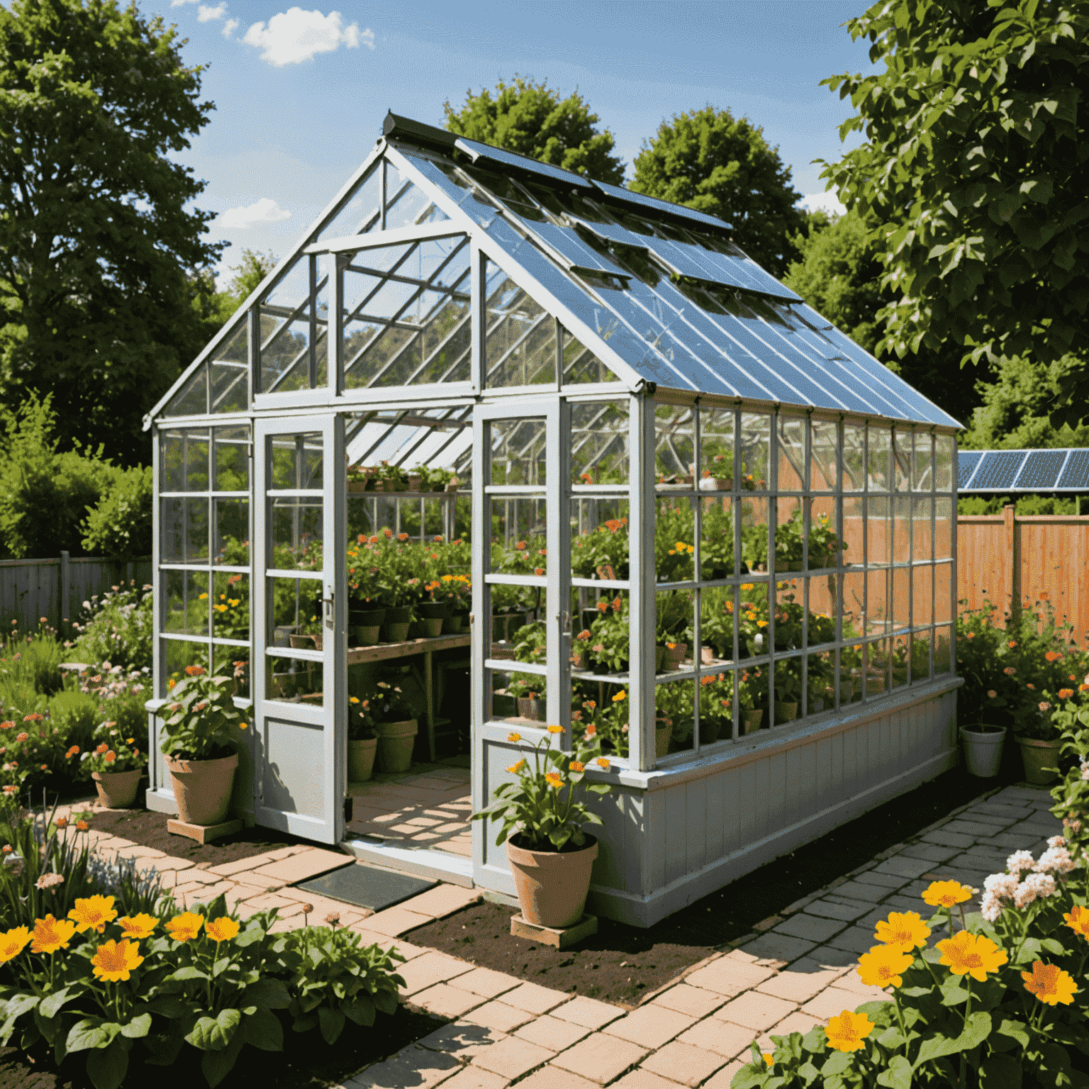 Eco-friendly greenhouse with solar panels, water recycling systems, and diverse flower species growing in harmony
