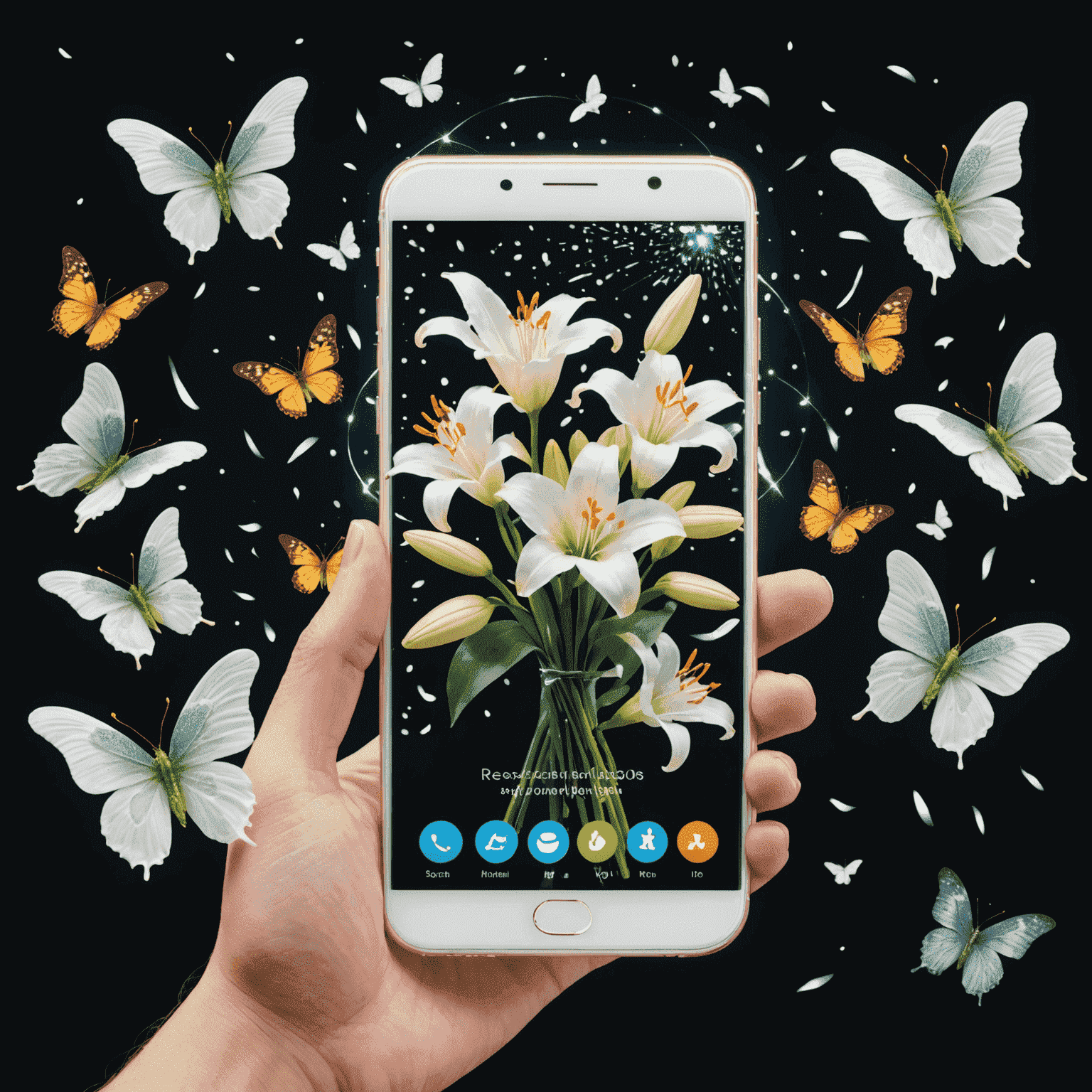 A person holding a smartphone over a bouquet of white lilies, with the screen showing digital butterflies and sparkles hovering over the flowers, demonstrating the augmented reality trend
