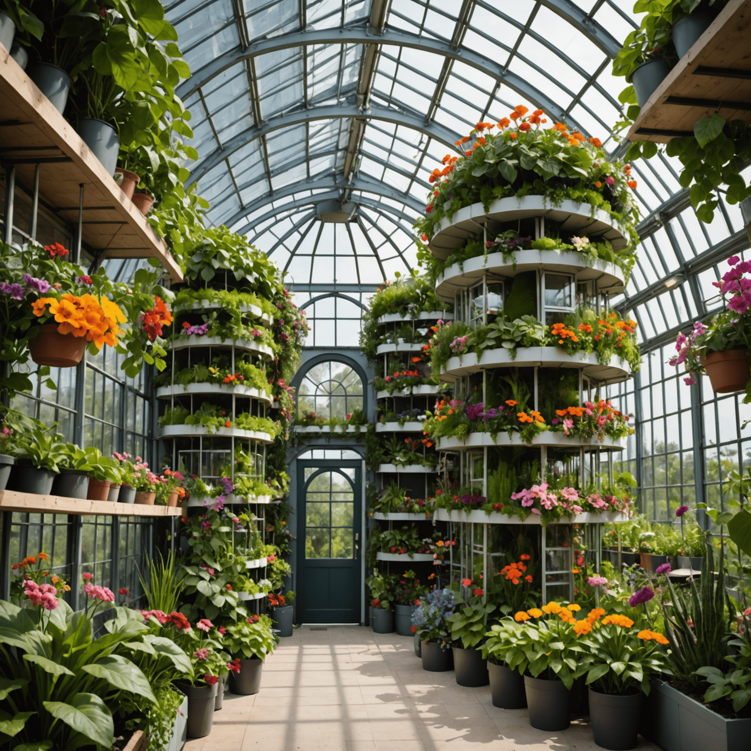 A futuristic Bloomez greenhouse with vertical gardens, automated systems, and a diverse array of colorful, sustainable flowers