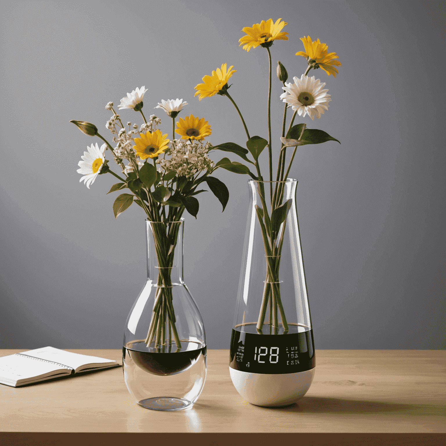 A sleek, futuristic vase with a digital display, showing a calendar and various flower options for regular deliveries