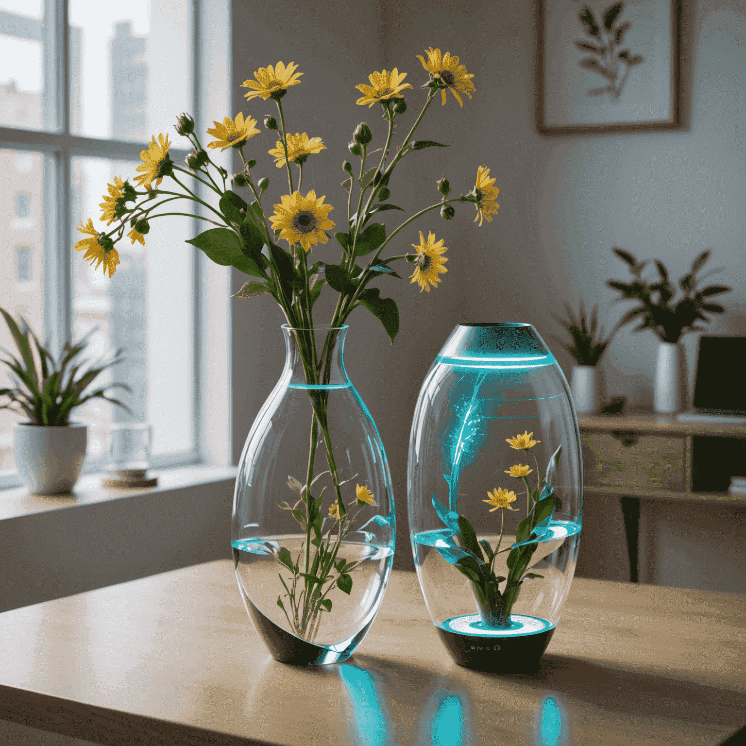 A futuristic vase with built-in sensors and a holographic display showing real-time care instructions and flower health data