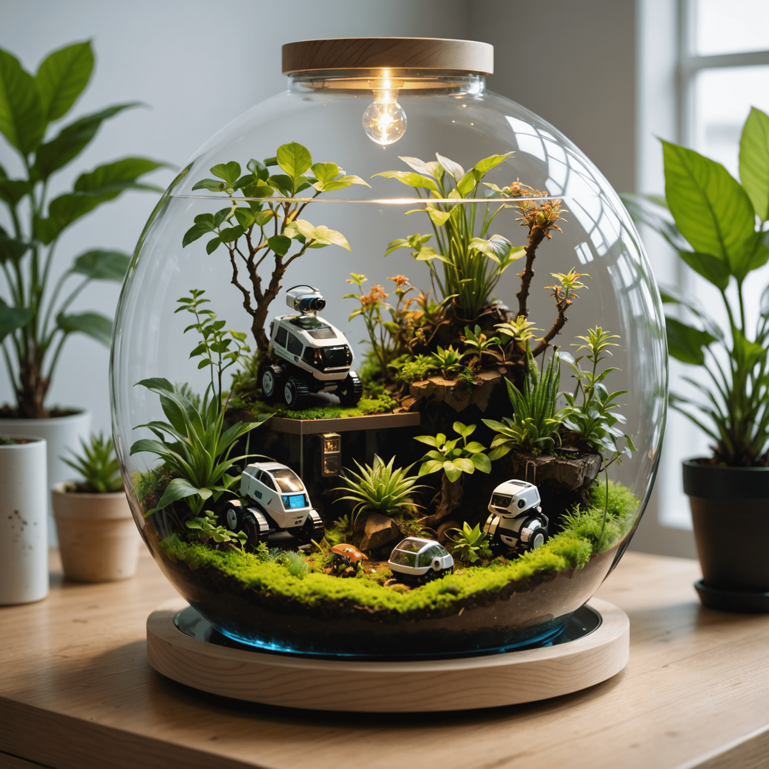 A self-sustaining eco-tech terrarium featuring rare plants, miniature robots tending to the flora, and a holographic information display