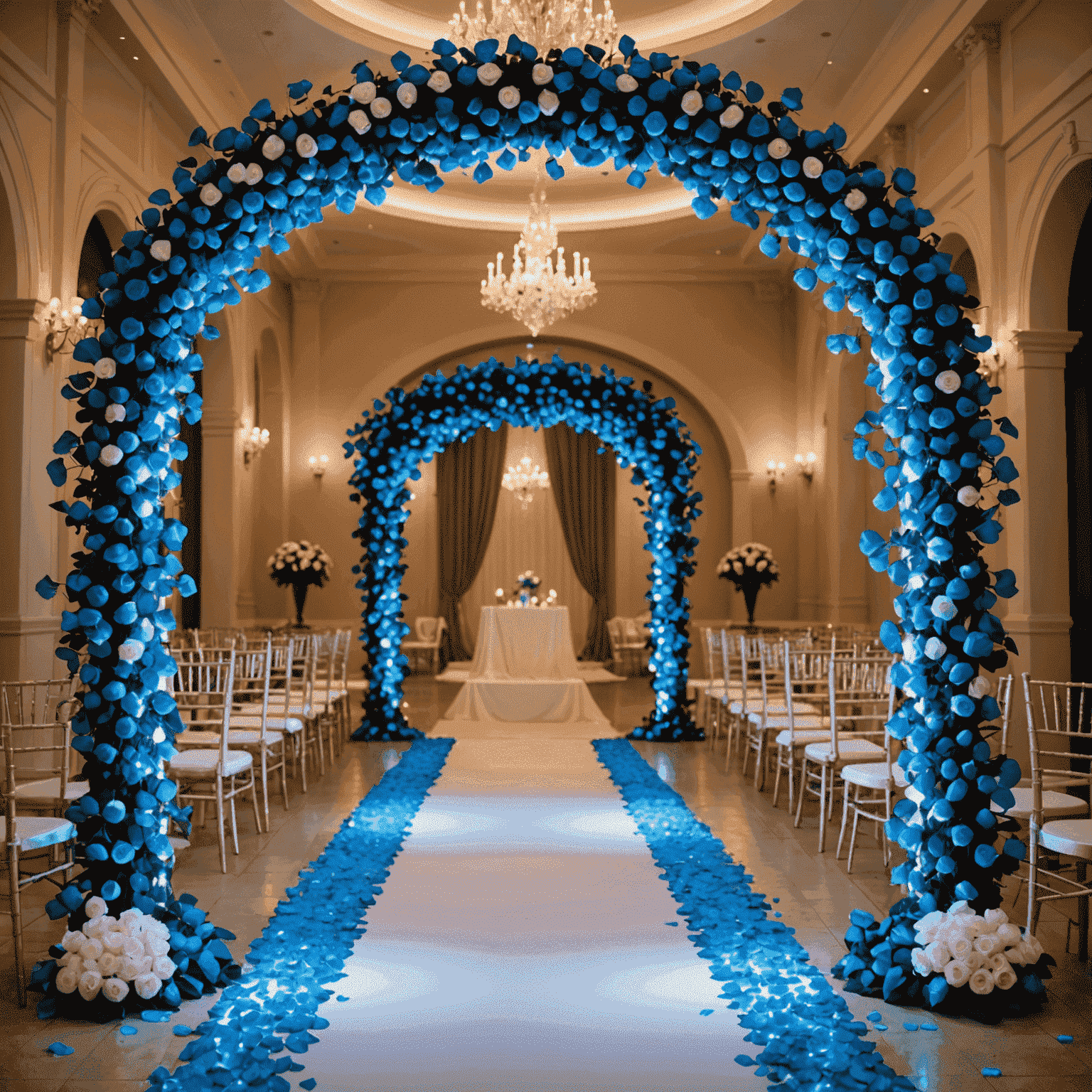 A futuristic wedding ceremony setup with a flower arch made of glowing blue roses and floating flower petals illuminating the aisle