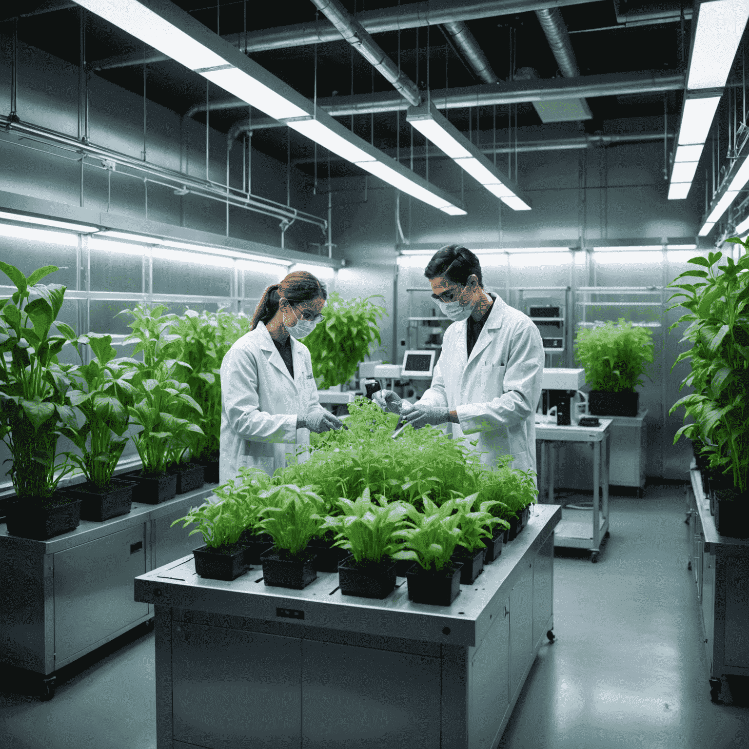 A laboratory-like setting showcasing plants in high-tech growth chambers, with scientists working on genetically enhanced flowers that glow and change colors.