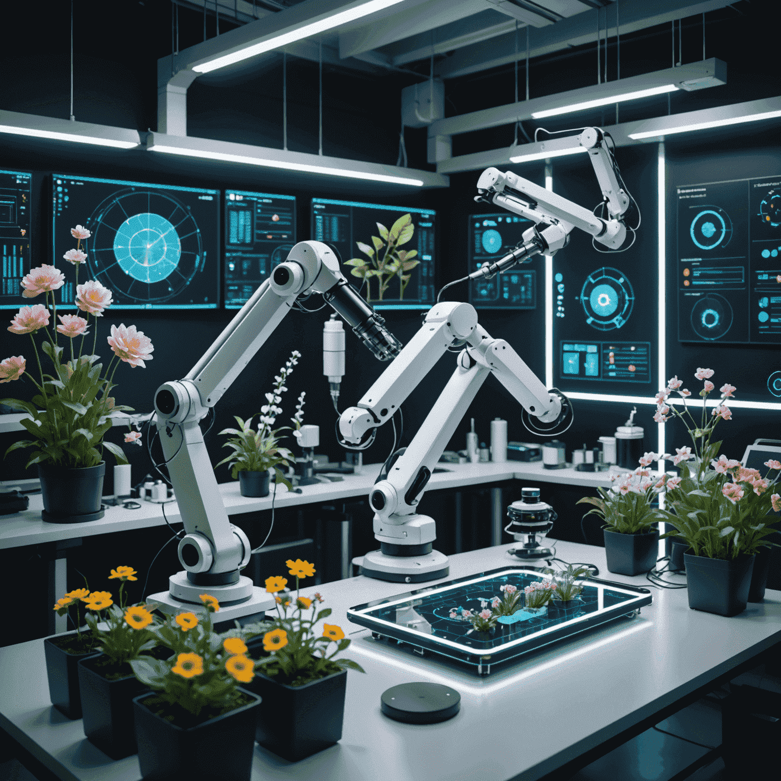 Futuristic laboratory with robotic arms tending to flowers, holographic displays showing plant data, and a blockchain visualization representing supply chain tracking