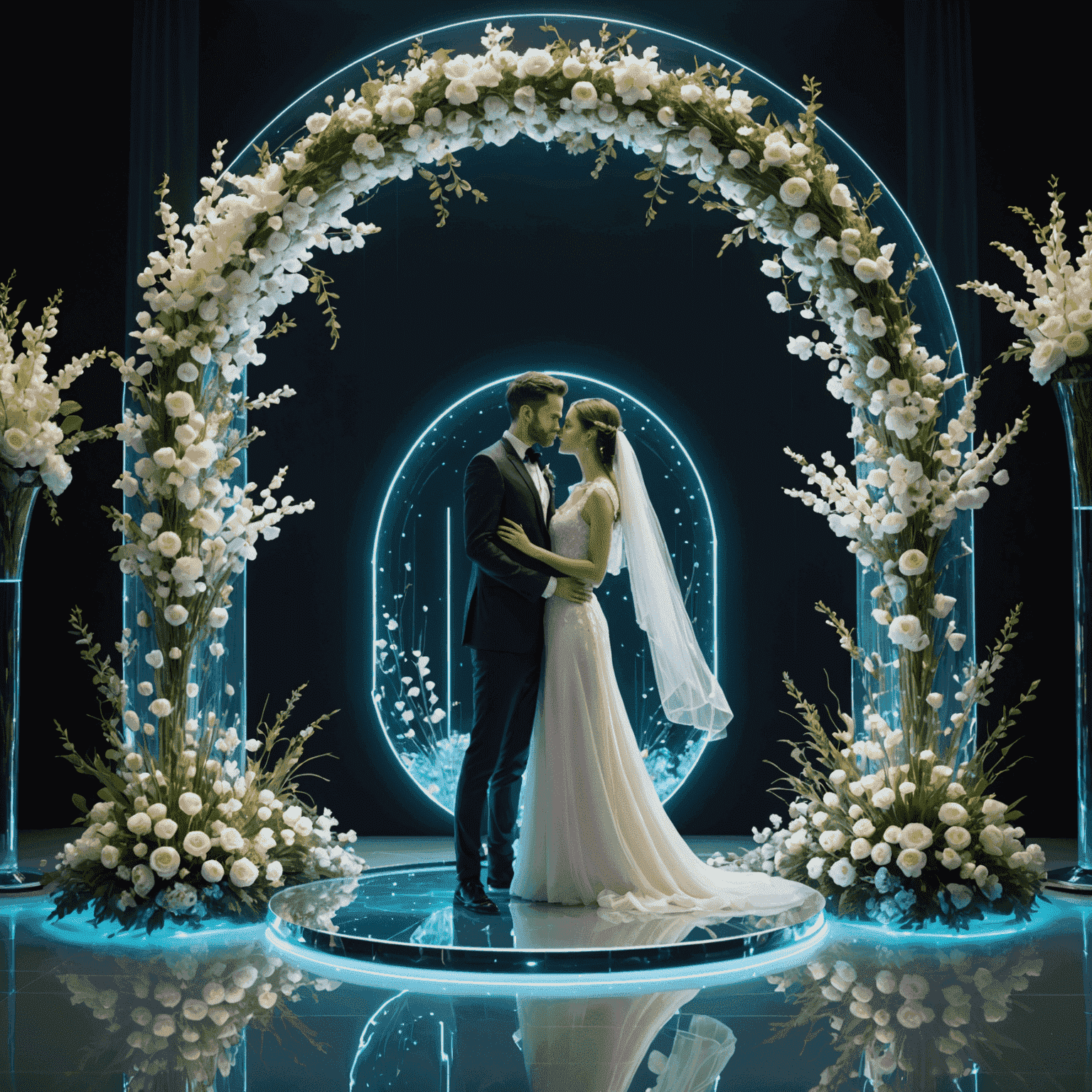 A futuristic wedding scene with floating, luminescent flower arrangements and a holographic arch