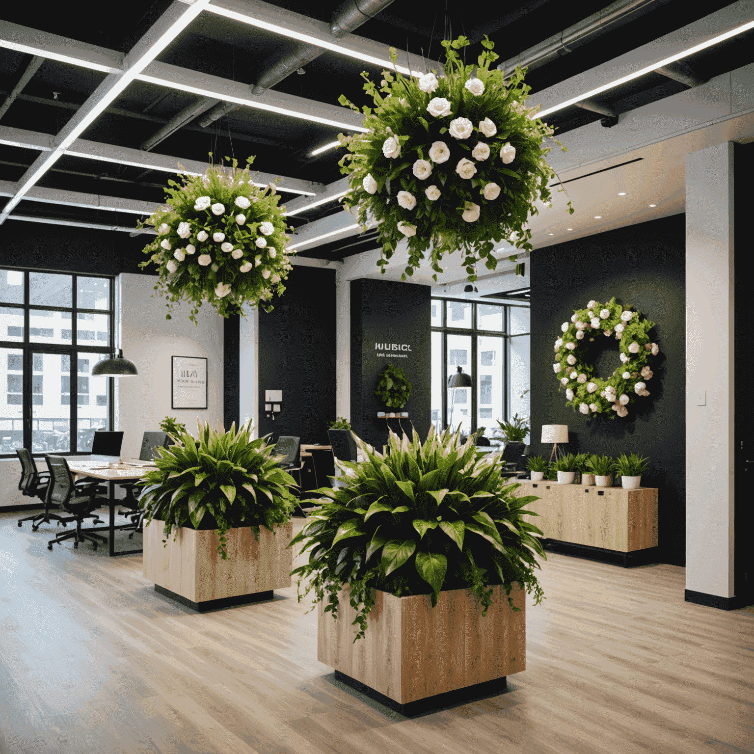 A modern office space with interactive floral installations and smart planters integrated into the decor